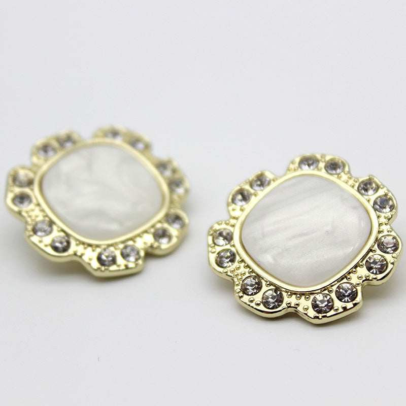 Square Pearlescent Imitation Shell White Rhinestone Button